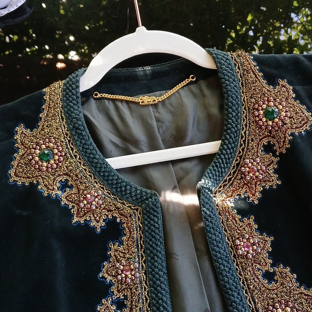 VTG Luxury Velvet Blazer Jacket Dark Forest Green Beaded Embroidered Exquisite M